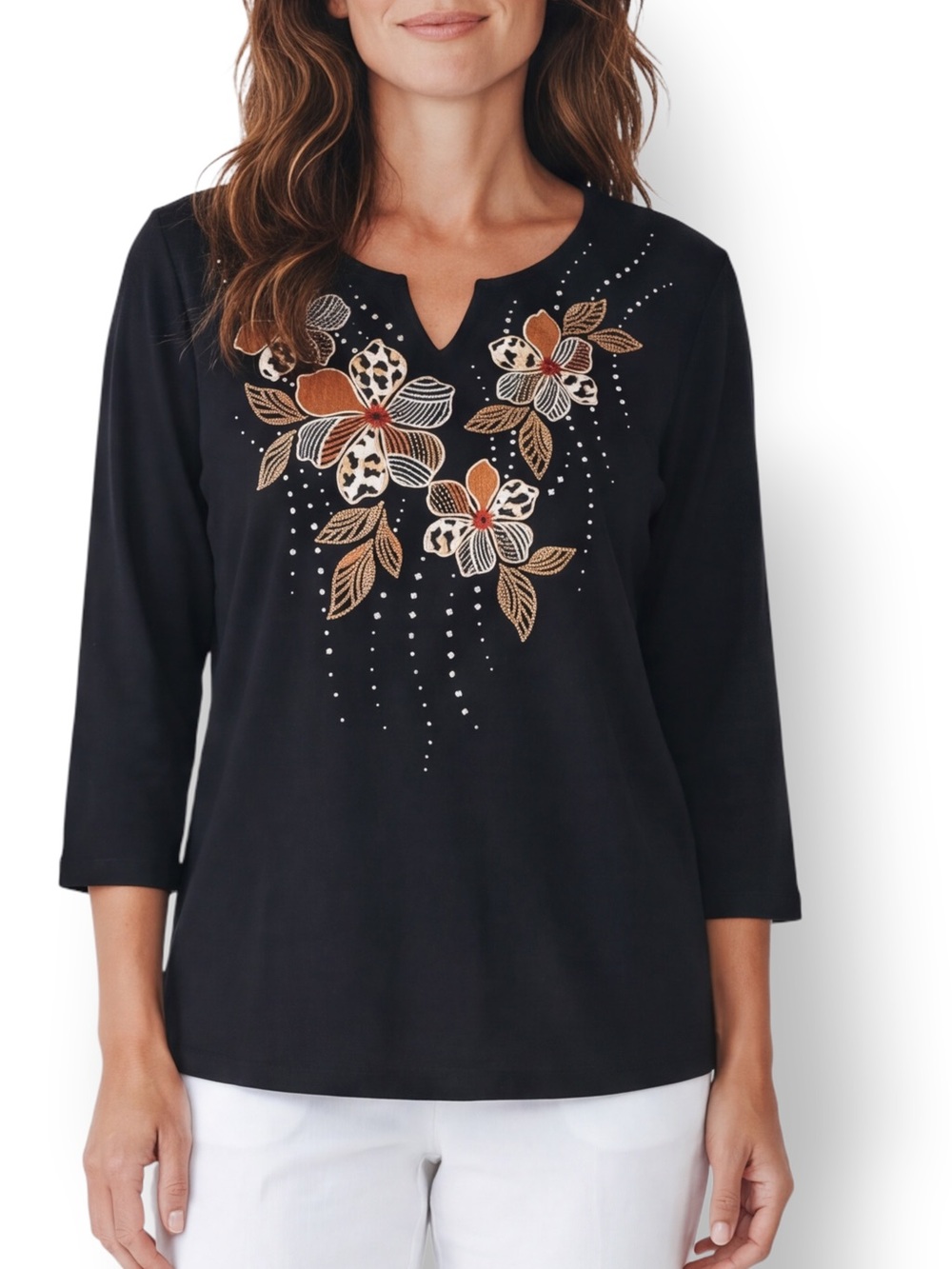 4/$20 Alfred Dunner Black Embellished Floral Animal Print Tunic Top Large